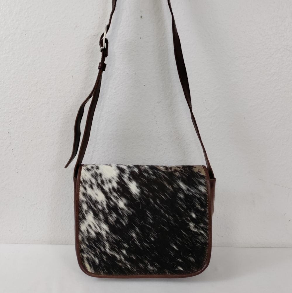 Leaders In Leather Vntg Tooled Leather Pony Hair Flap Messenger Crossbody Bag